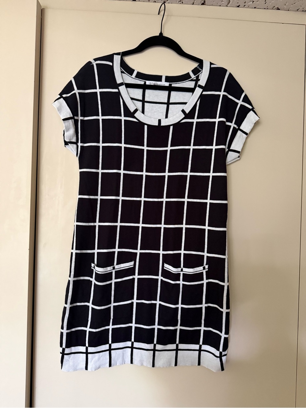 BCBGeneration Black and White Windowpane Short Sleeve Tunic